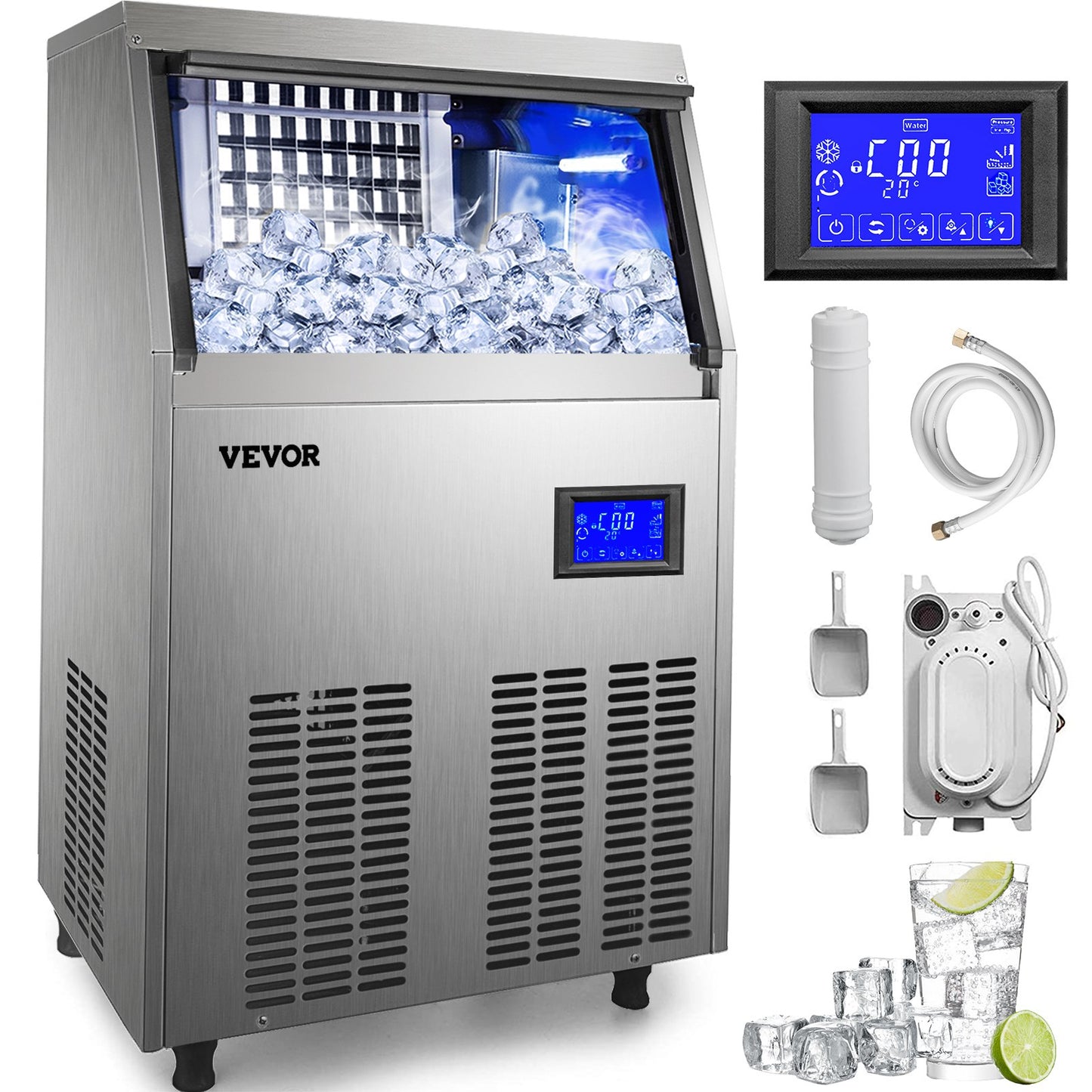 Commercial Ice Maker, 132LBS/24H, Stainless Steel Ice Cube Maker Machine with 33 LBS Storage, 335W Ice Making Machine with LCD Control Panel Water Filter Drain Pump for Bars Restaurants, 220V