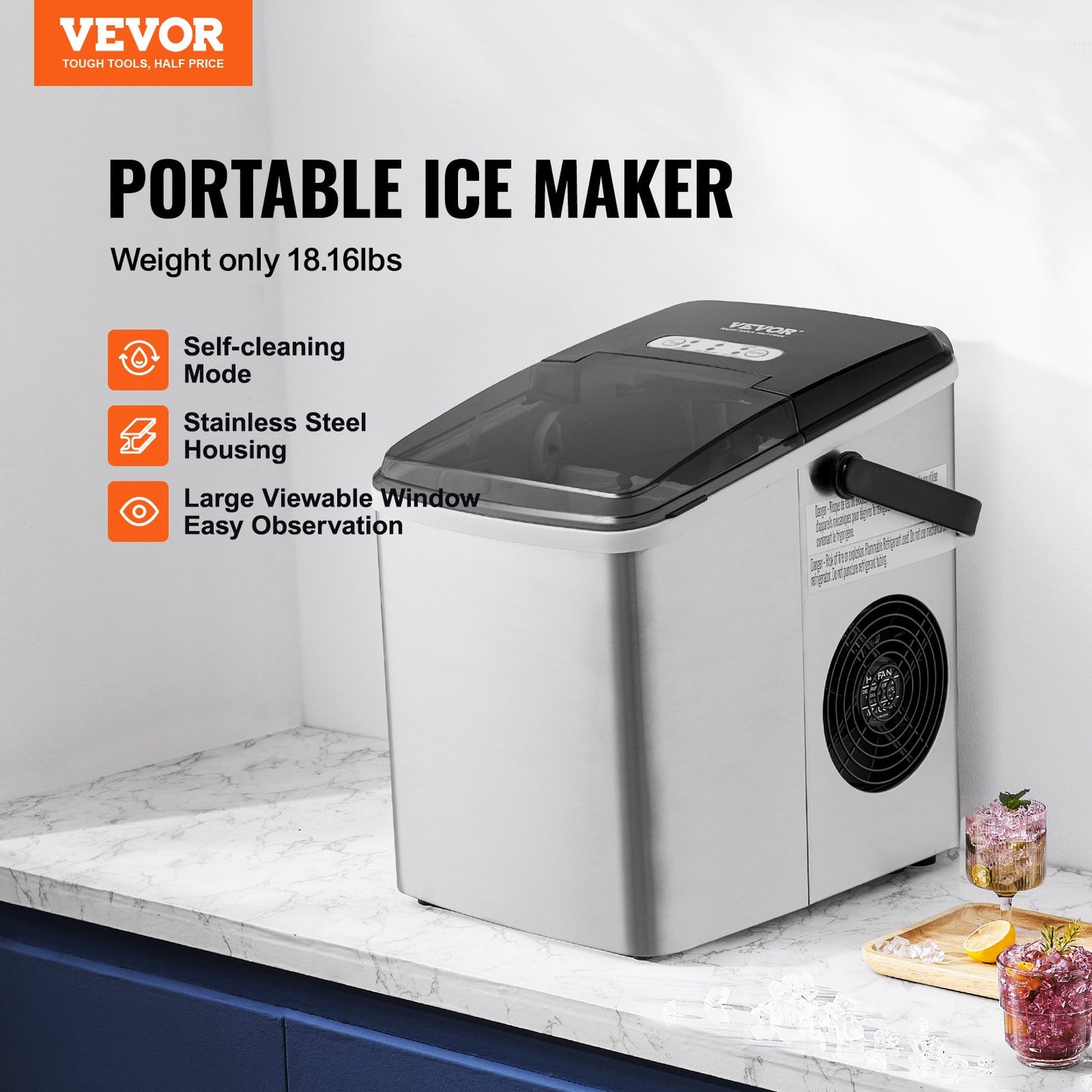 Portable Countertop Ice Maker 26Lbs/24H Self-Cleaning with Scoop Basket