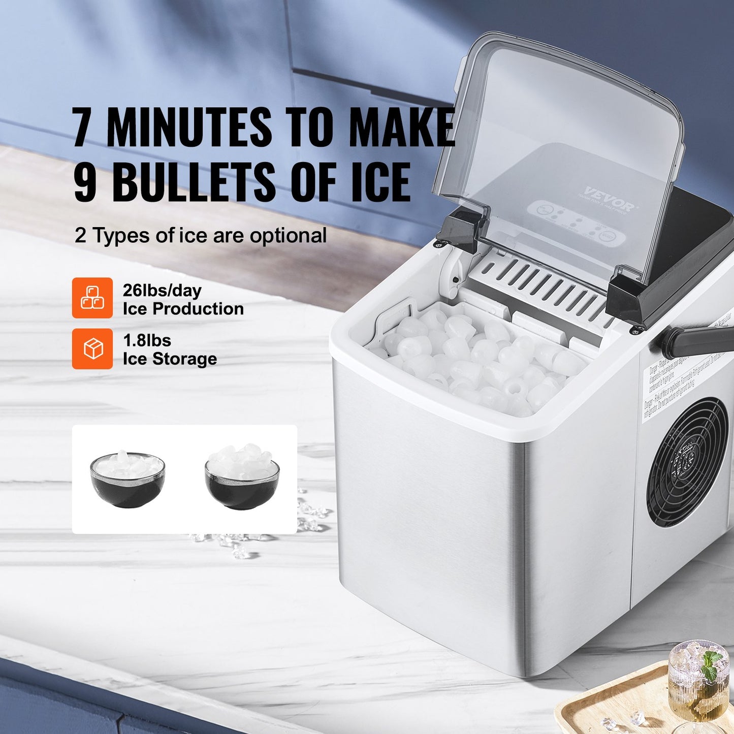 Portable Countertop Ice Maker 26Lbs/24H Self-Cleaning with Scoop Basket