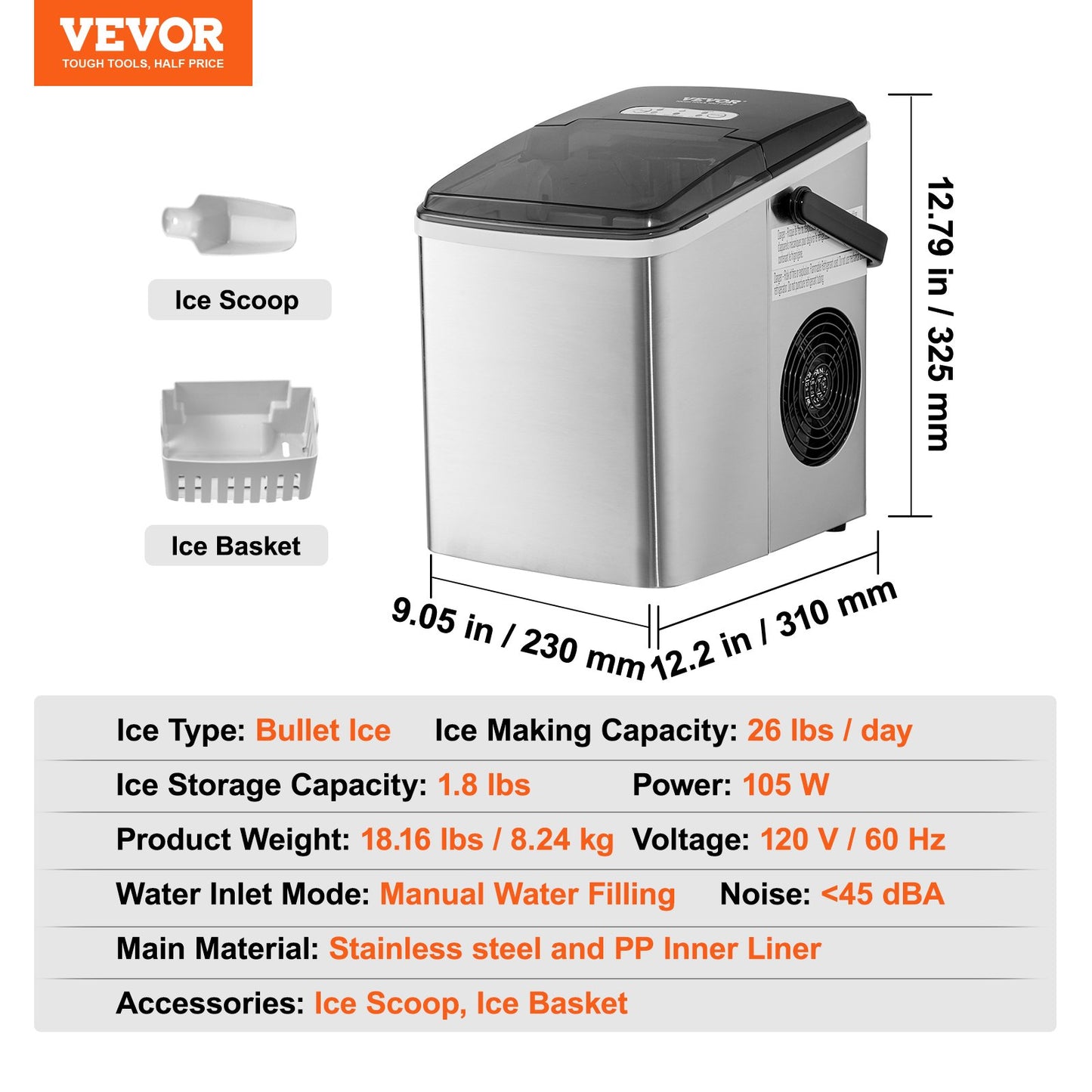 Portable Countertop Ice Maker 26Lbs/24H Self-Cleaning with Scoop Basket