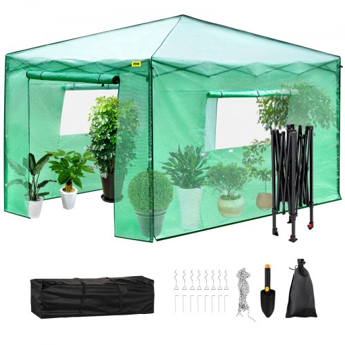 Walk-in Greenhouse, 12' x 8' Pop up Greenhouse, Portable Greenhouse with Two Roll-up Doors and Windows, Plastic Shovel, Suitable for Palnting of Flowers, Herbs, Storage of Pottings, Boxes, Tools