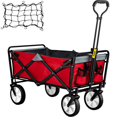 Folding Wagon Cart, 176 lbs Load, Outdoor Utility Collapsible Wagon w/ Adjustable Handle & Universal Wheels, Portable for Camping, Grocery, Beach, Red & Gray