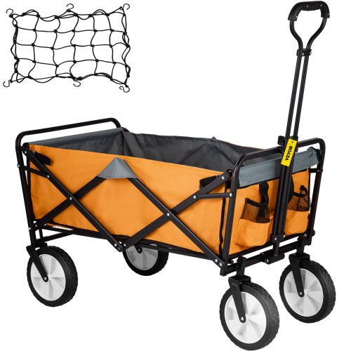 Folding Wagon Cart, 176 lbs Load, Outdoor Utility Collapsible Wagon w/ Adjustable Handle & Universal Wheels, Portable for Camping, Grocery, Beach, Orange & Gray