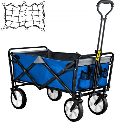 Folding Wagon Cart, 176 lbs Load, Outdoor Utility Collapsible Wagon w/ Adjustable Handle & Universal Wheels, Portable for Camping, Grocery, Beach, Blue & Gray