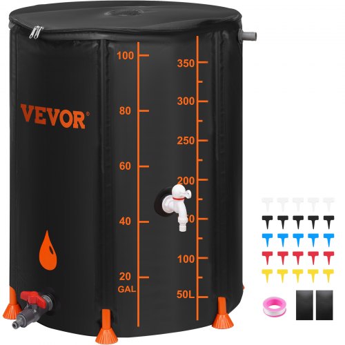 Collapsible Rain Barrel, 100 Gallon Large Capacity, PVC Rainwater Collection System Including Spigots and Overflow Kit, Portable Water Tank Storage Container for Garden Water Catcher, Black