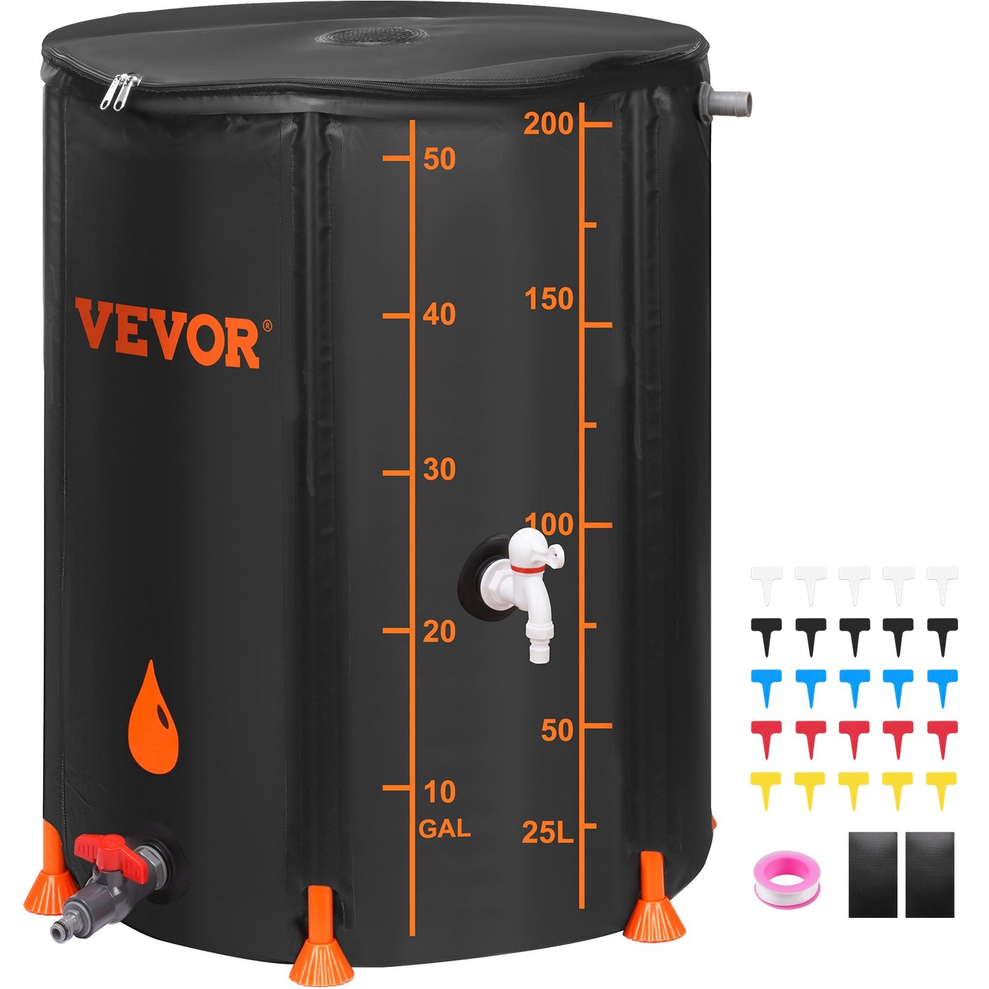 Collapsible Rain Barrel Rain Catcher 53 Gallon Large Capacity PVC Black