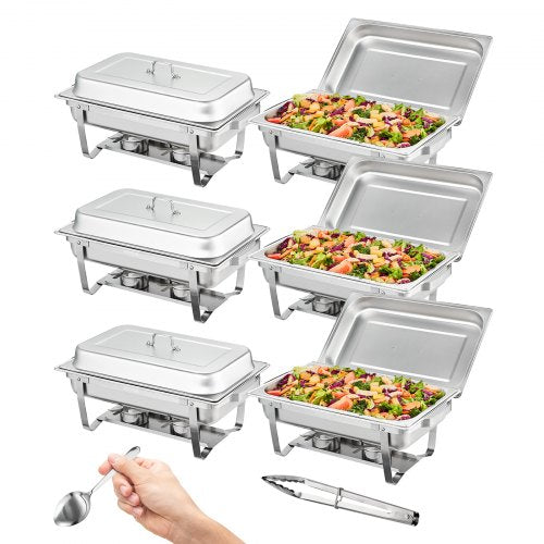 Chafing Dish Buffet Set, 8 Qt 6 Pack, Stainless Chafer with 6 Full Size Pans, Rectangle Catering Warmer Server with Lid Water Pan Folding Stand Fuel Holder Tray Spoon Clip, at Least 8 People