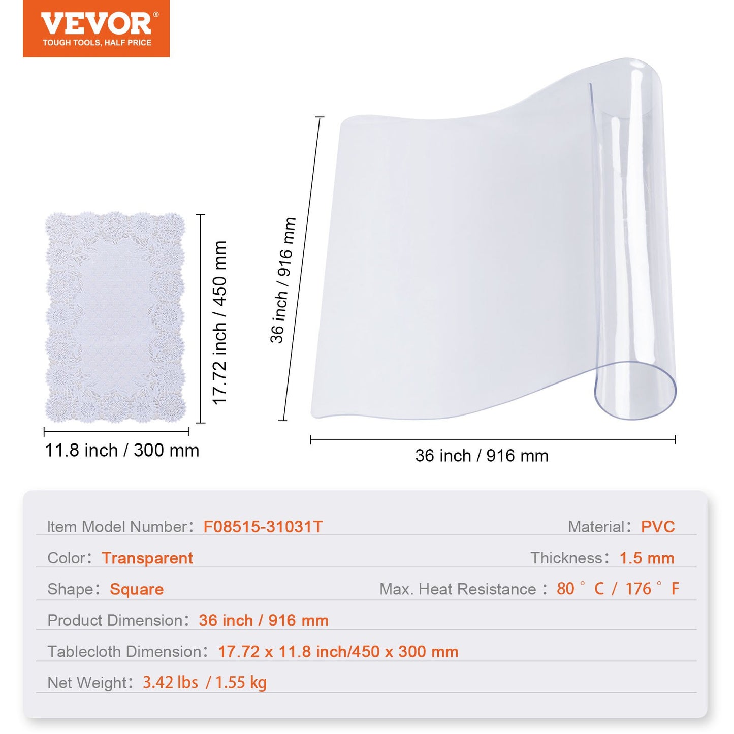 Clear Table Cover Protector, 36"x36"/916 x 916 mm Table Cover, 1.5 mm Thick PVC Plastic Tablecloth, Waterproof Desktop Protector for Writing Desk, Coffee Table, Dining Room Table