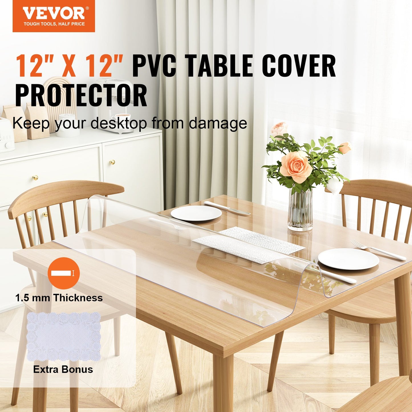 Clear Table Cover Protector, 12" x12"/305 x 305 mm Table Cover, 1.5 mm Thick PVC Plastic Tablecloth, Waterproof Desktop Protector for Writing Desk, Coffee Table, Dining Room Table