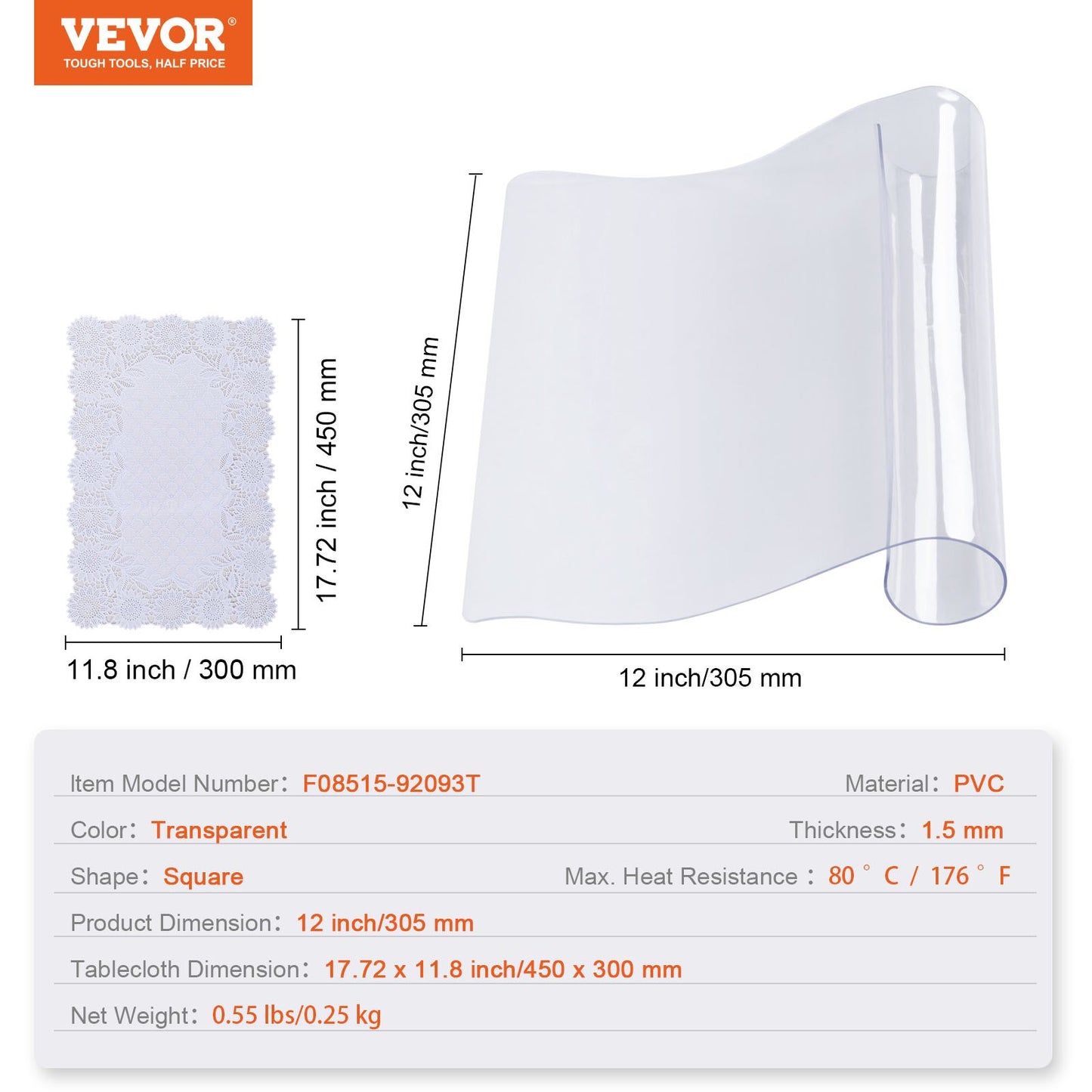 Clear Table Cover Protector, 12" x12"/305 x 305 mm Table Cover, 1.5 mm Thick PVC Plastic Tablecloth, Waterproof Desktop Protector for Writing Desk, Coffee Table, Dining Room Table