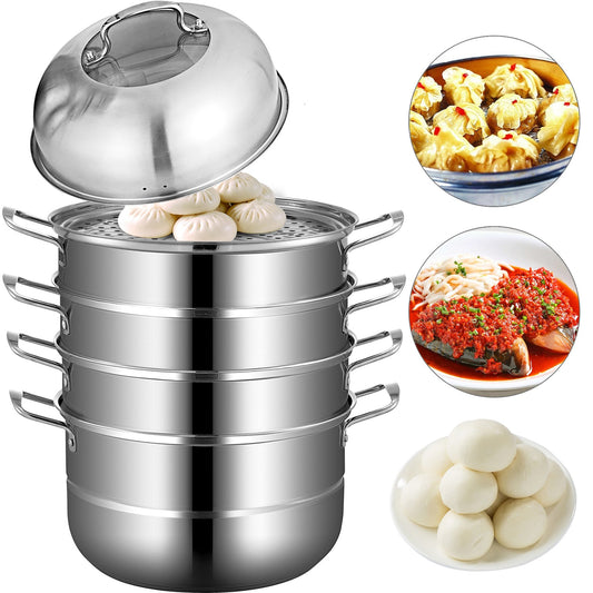 Dumpling Steamer Stainless Steel 5 Titer Stainless Steel Steamer Work For Cooking 30cm/11.8inch Food Steamer Pot with Gas Electric Grill Stove Top (Dia 30cm)