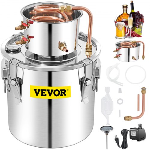 Alcohol Still, 50L Stainless Steel Water Alcohol Distiller w/ Condenser, 13.2Gal Wine Making Boiler w/ Copper Tube, Home Brewing Kit w/ Built-in Thermometer for DIY Whisky Wine Brandy, Silver