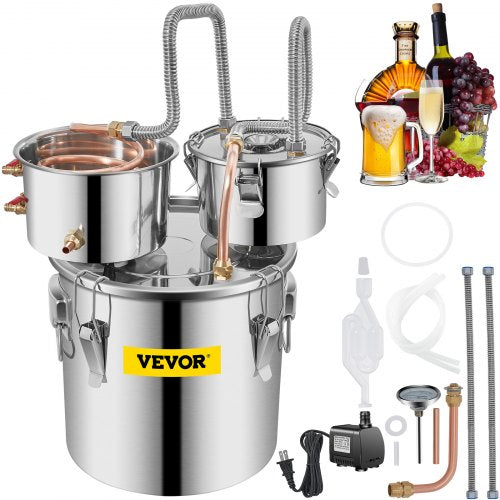 Moonshine Still Distiller 3Gal 12L Stainless Steel Water Distiller Copper Tube with Circulating Pump Home Brewing Kit Build-in Thermometer for DIY Whisky Wine Brandy Spirits