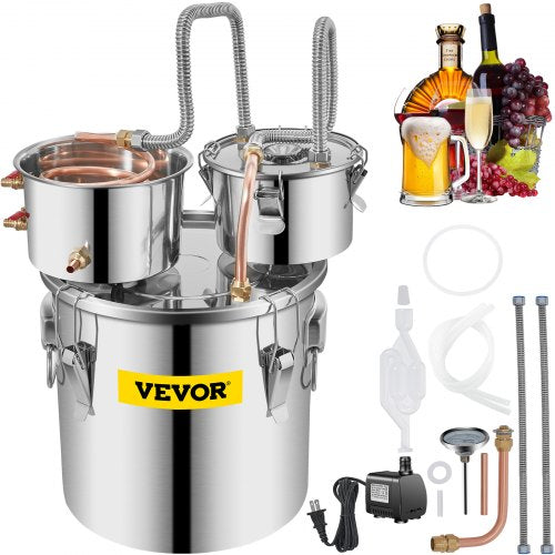 Moonshine Still Distiller 5Gal 21L Stainless Steel Water Distiller Copper Tube with Circulating Pump Home Brewing Kit Build-in Thermometer for DIY Whisky Wine Brandy Spirits