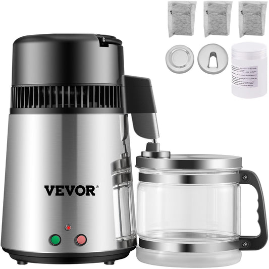 Silver Water Distiller 1.1 Gallon/4 L Stainless Steel Water Purifier Distiller 750W Water Distillation Countertop Water Distiller Machine with Connection Bottle Glass Container for Offices Home
