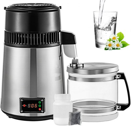 Silver Water Distiller Machine 750W Adjustable Temperature Water Distiller 4L Wine Making Set Brewing Kit Stainless Steel Inner Distiller with Adjustable Temperature for Kitchen Homes