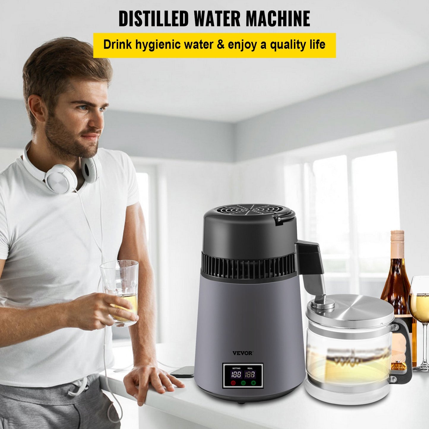 Water Distiller 4 L Distilled Water Maker 0.88 Gal Pure Water Distiller with Dual Temperature Display 750W Distilled Water Machine Water Distillers for Home Countertop with Glass Container Grey