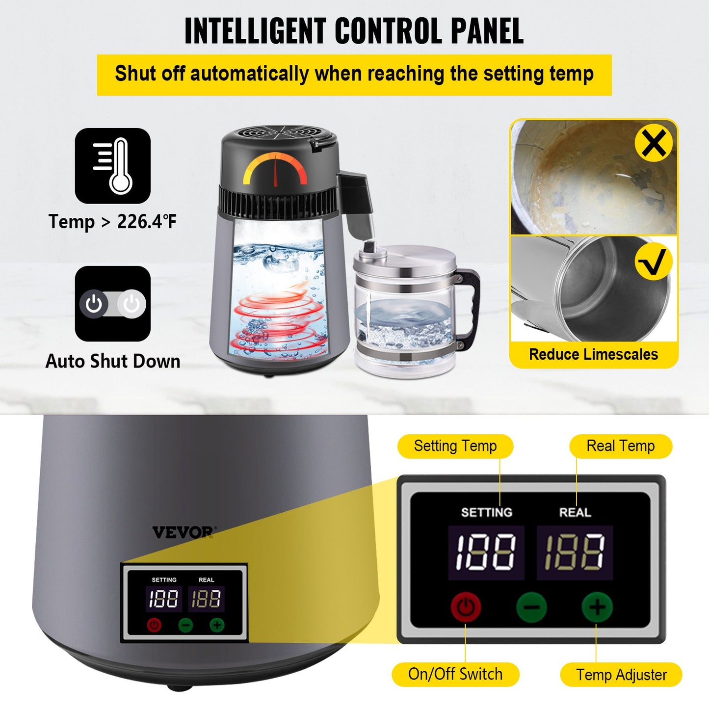 Water Distiller 4 L Distilled Water Maker 0.88 Gal Pure Water Distiller with Dual Temperature Display 750W Distilled Water Machine Water Distillers for Home Countertop with Glass Container Grey
