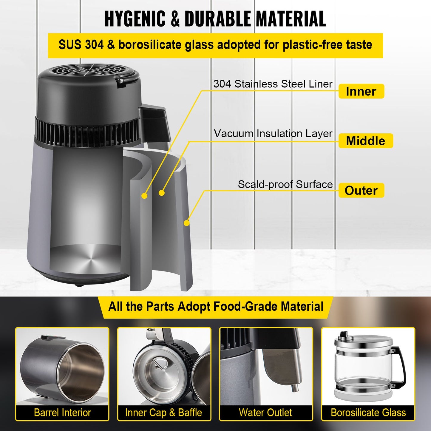 Water Distiller 4 L Distilled Water Maker 0.88 Gal Pure Water Distiller with Dual Temperature Display 750W Distilled Water Machine Water Distillers for Home Countertop with Glass Container Grey