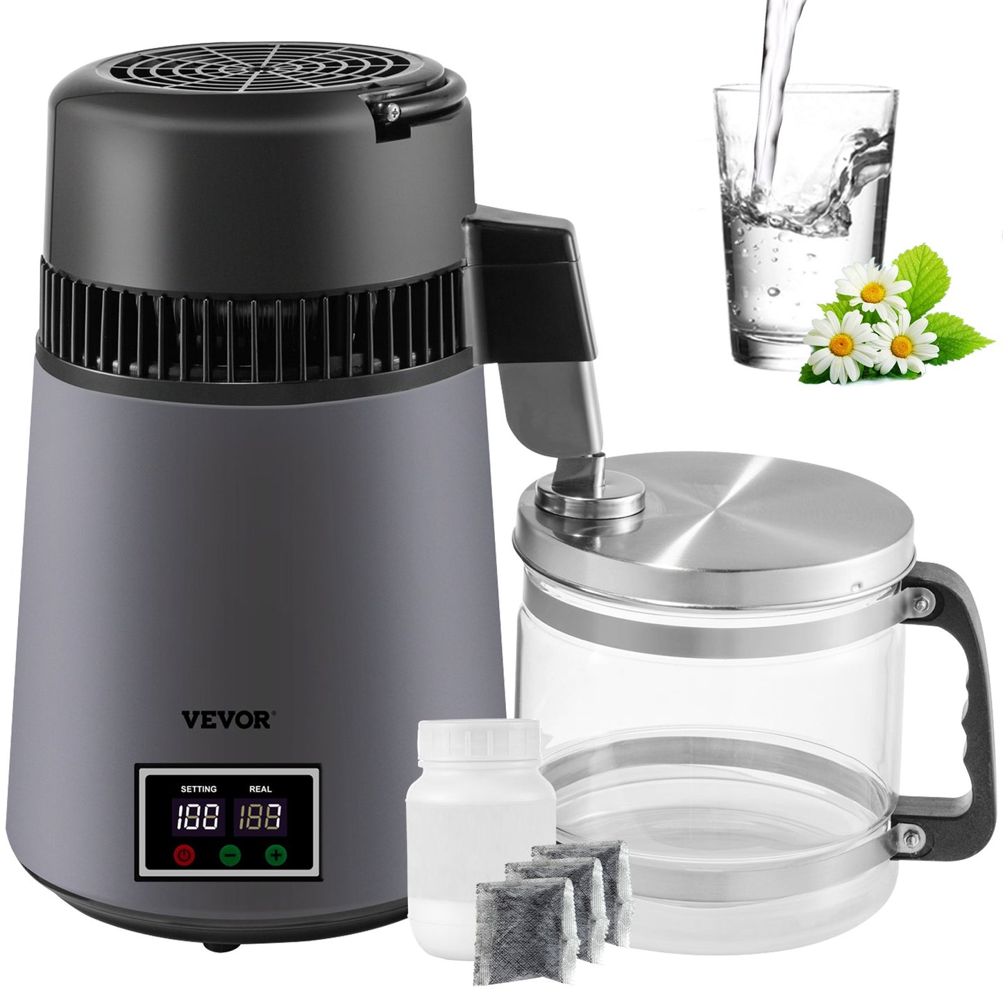 Water Distiller 4 L Distilled Water Maker 0.88 Gal Pure Water Distiller with Dual Temperature Display 750W Distilled Water Machine Water Distillers for Home Countertop with Glass Container Grey