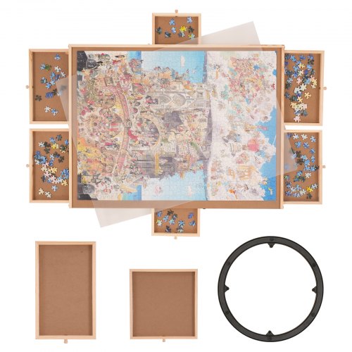 1500 Piece Puzzle Board with 6 Drawers and Cover, 32.7"x24.6" Rotating Wooden Jigsaw Puzzle Plateau, Portable Puzzle Accessories for Adult, Puzzle Organizer & Puzzle Storage System, Gift for Mom