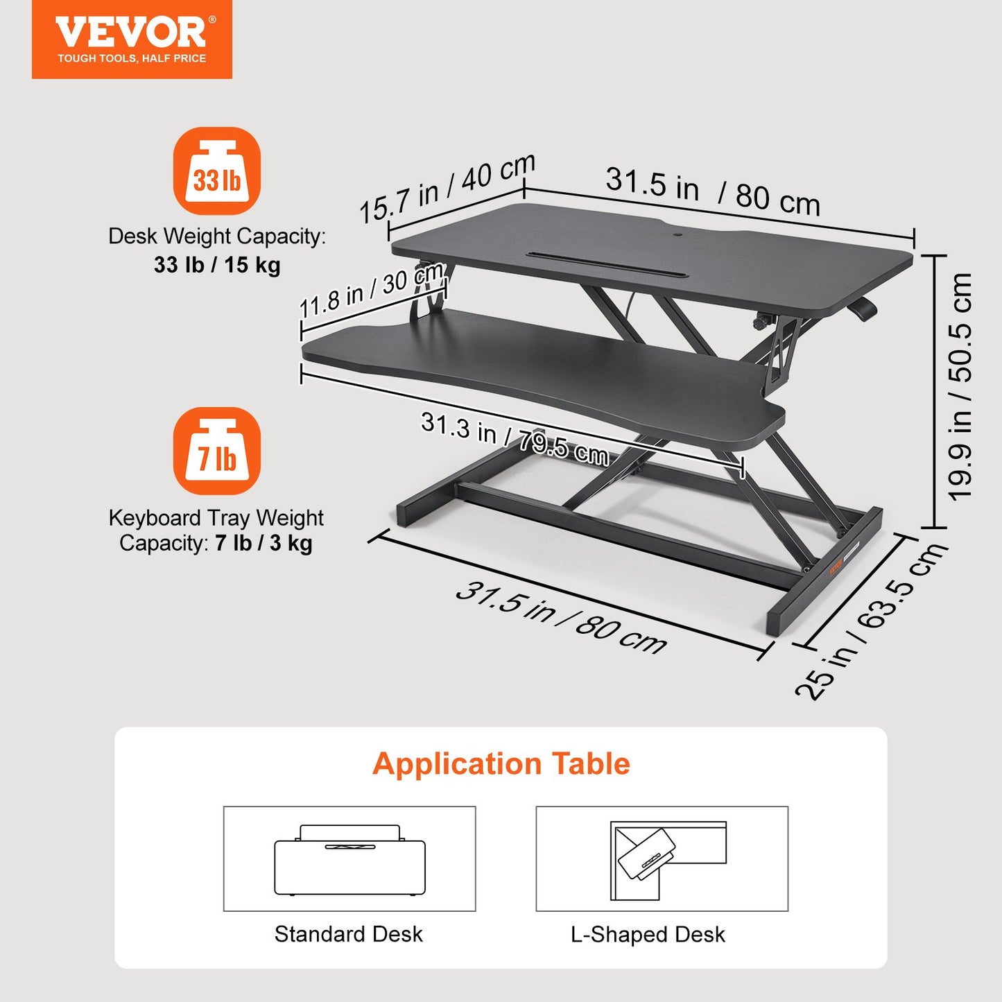 Standing Desk Converter, Two-Tier Stand up Desk Riser, 31.5 inch Large Sit to Stand Desk Converter, 5.5-20.1 inch Adjustable Height, for Monitor, Keyboard & Accessories Used in Home Office
