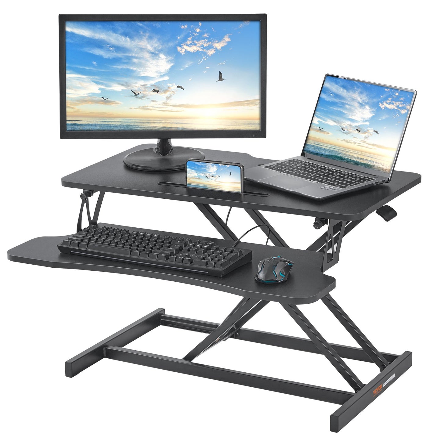 Standing Desk Converter, Two-Tier Stand up Desk Riser, 31.5 inch Large Sit to Stand Desk Converter, 5.5-20.1 inch Adjustable Height, for Monitor, Keyboard & Accessories Used in Home Office