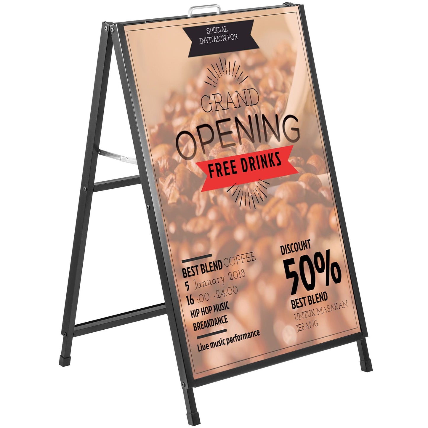 A-Frame Sidewalk Sign 24"x36" Sidewalk Signs for Businesses Black Coated Steel Metal A-Frame Sign Slide-in Folding Sandwich Board Sidewalk Sign Double-Sided w/ 2 Corrugated Plastic Poster Boards