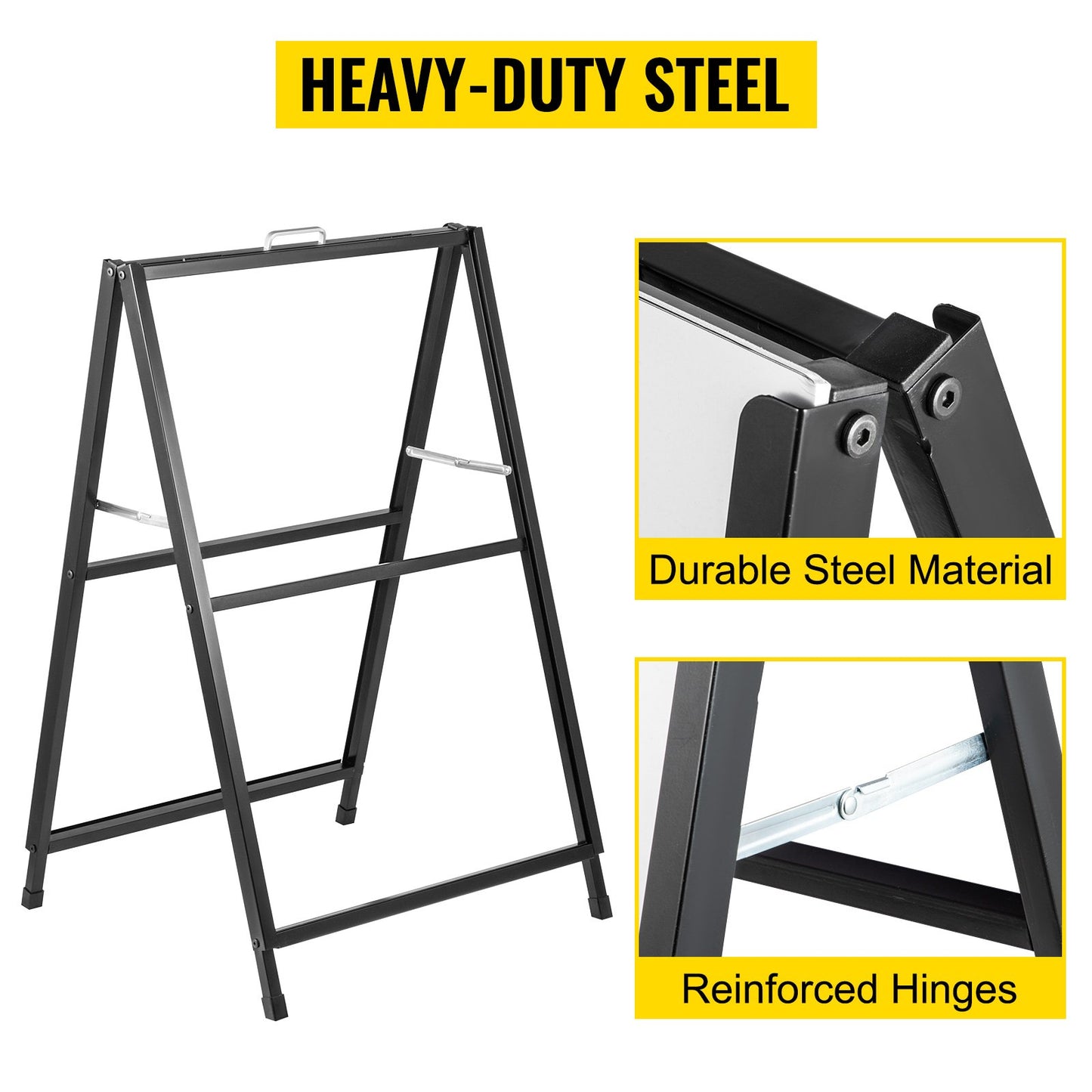 A-Frame Sidewalk Sign 24"x36" Sidewalk Signs for Businesses Black Coated Steel Metal A-Frame Sign Slide-in Folding Sandwich Board Sidewalk Sign Double-Sided w/ 2 Corrugated Plastic Poster Boards