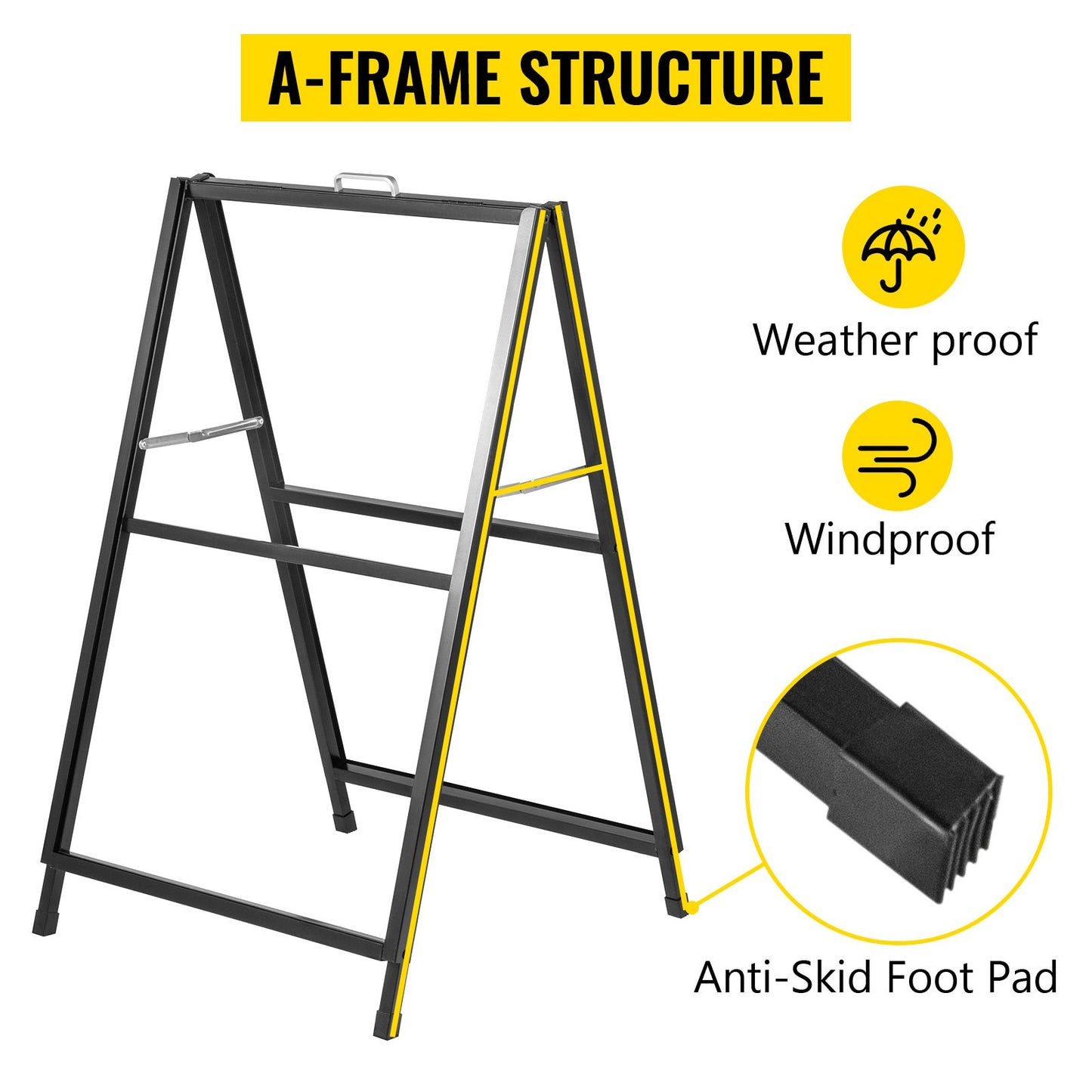 A-Frame Sidewalk Sign 24"x36" Sidewalk Signs for Businesses Black Coated Steel Metal A-Frame Sign Slide-in Folding Sandwich Board Sidewalk Sign Double-Sided w/ 2 Corrugated Plastic Poster Boards