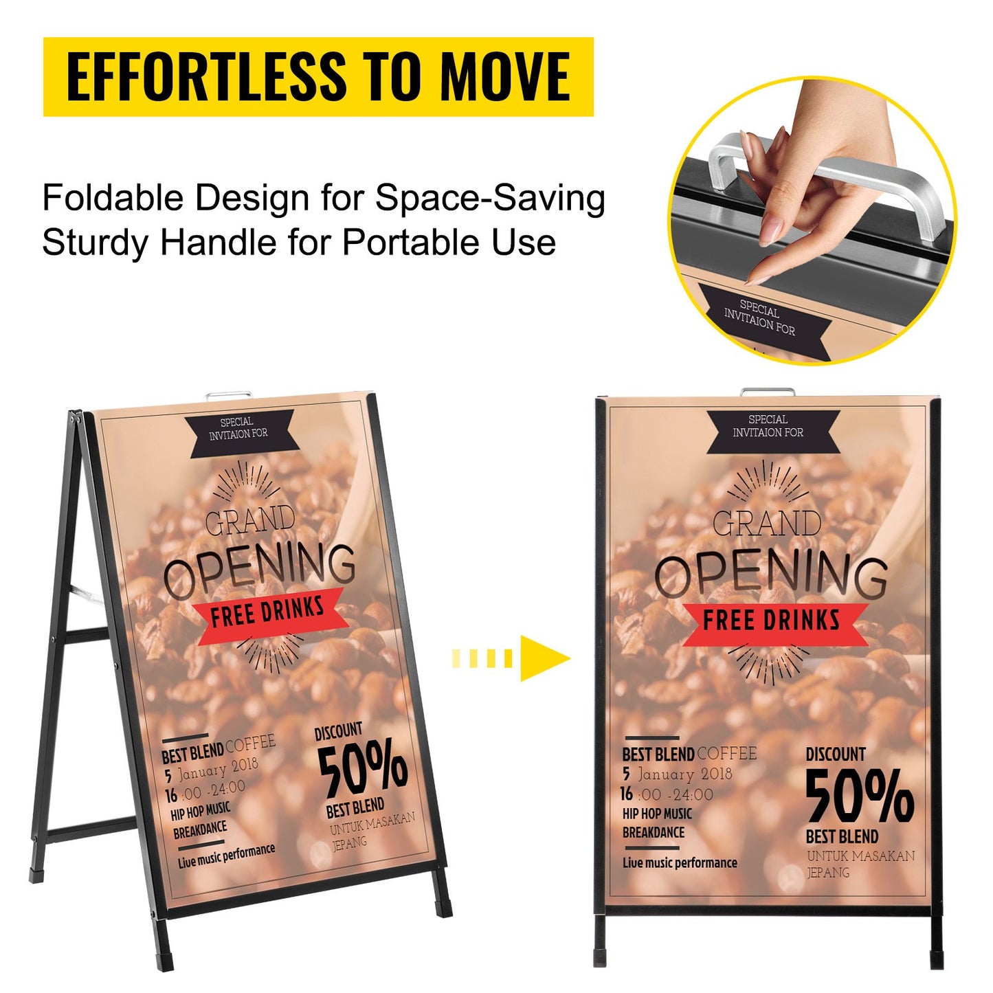 A-Frame Sidewalk Sign 24"x36" Sidewalk Signs for Businesses Black Coated Steel Metal A-Frame Sign Slide-in Folding Sandwich Board Sidewalk Sign Double-Sided w/ 2 Corrugated Plastic Poster Boards