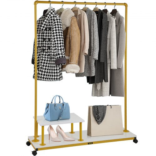 Clothing Garment Rack, 120 x 36 x 160 cm, Heavy-duty Clothes Rack w/ Bottom Shelf & Side Shelf, 4 Swivel Casters, Sturdy Steel Frame, Rolling Clothes Organizer for Retail Store Boutique, Gold