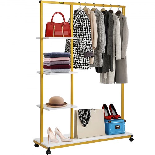 Clothing Garment Rack,100 x 36 x 150 cm, Heavy-duty Clothes Rack w/ Bottom Shelf & Extra 3 Side Shelves, 4 Swivel Casters, Rolling Clothes Organizer for Laundry Room Retail Store Boutique, Gold