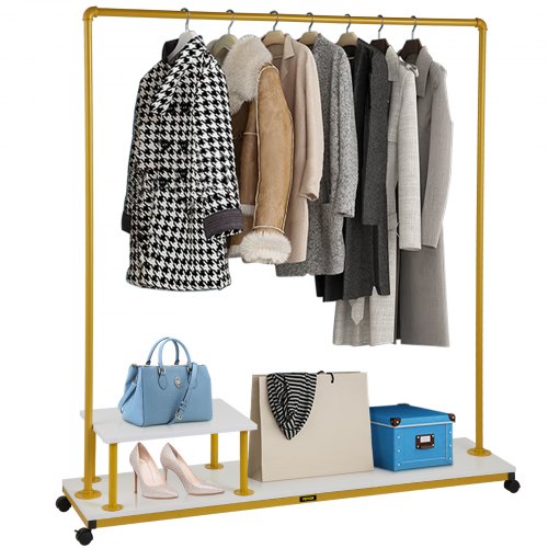 Clothing Garment Rack, 150 x 36 x 160 cm, Heavy-duty Clothes Rack w/ Bottom Shelf & Side Shelf, 4 Swivel Casters, Sturdy Steel Frame, Rolling Clothes Organizer for Retail Store Boutique, Gold