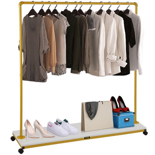 Clothing Garment Rack, 150 x 36 x 160 cm, Heavy-duty Clothes Rack w/ Bottom Shelf, 4 Swivel Casters, Sturdy Steel Frame, Rolling Clothes Organizer for Laundry Room Retail Store Boutique, Gold