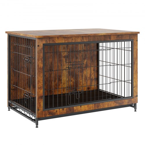 Dog Crate Furniture, 38 inch Wooden Dog Crate with Double Doors, Heavy-Duty Dog Cage End Table with Multi-Purpose Removable Tray, Modern Dog Kennel Indoor for Dogs up to 70lb, Rustic Brown
