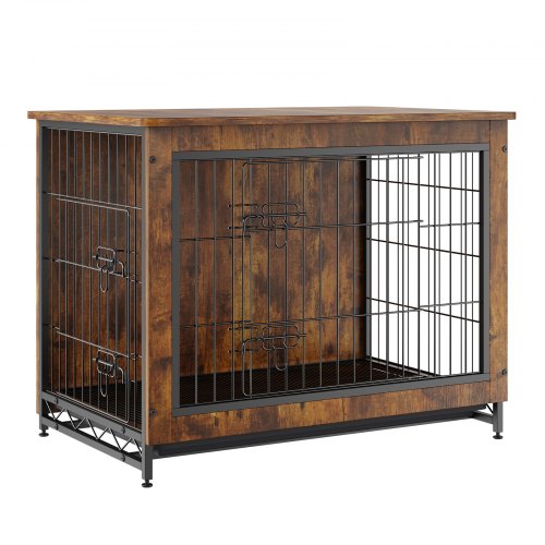 Dog Crate Furniture, 32 inch Wooden Dog Crate with Double Doors, Heavy-Duty Dog Cage End Table with Multi-Purpose Removable Tray, Modern Dog Kennel Indoor for Dogs up to 45lb, Rustic Brown