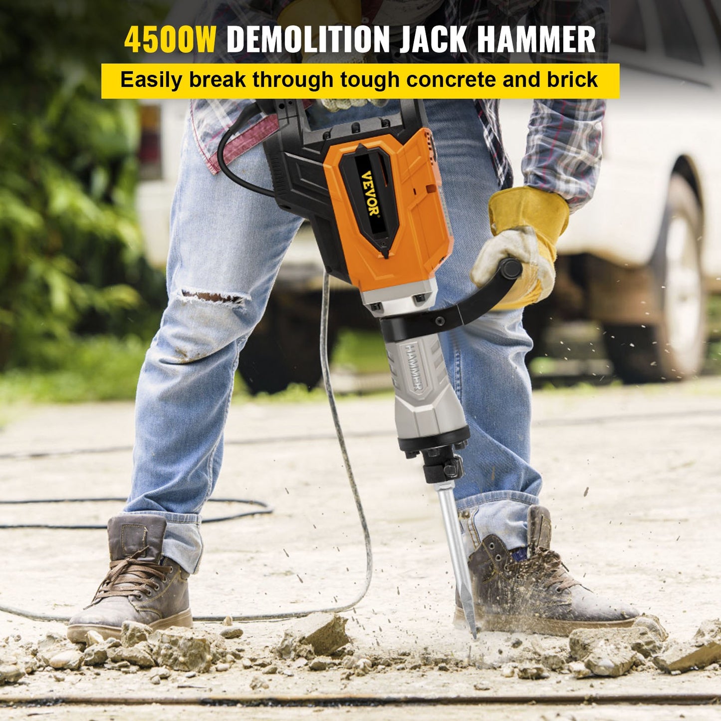 Demolition Jack Hammer, 4500W 1800BPM, 1-1/8" Hex Heavy Duty Concrete Breaker w/ Chisel, Case & Gloves, 220V Industrial Electric Jackhammer for Demolishing, Chipping & Demo, CE Approved, Yellow