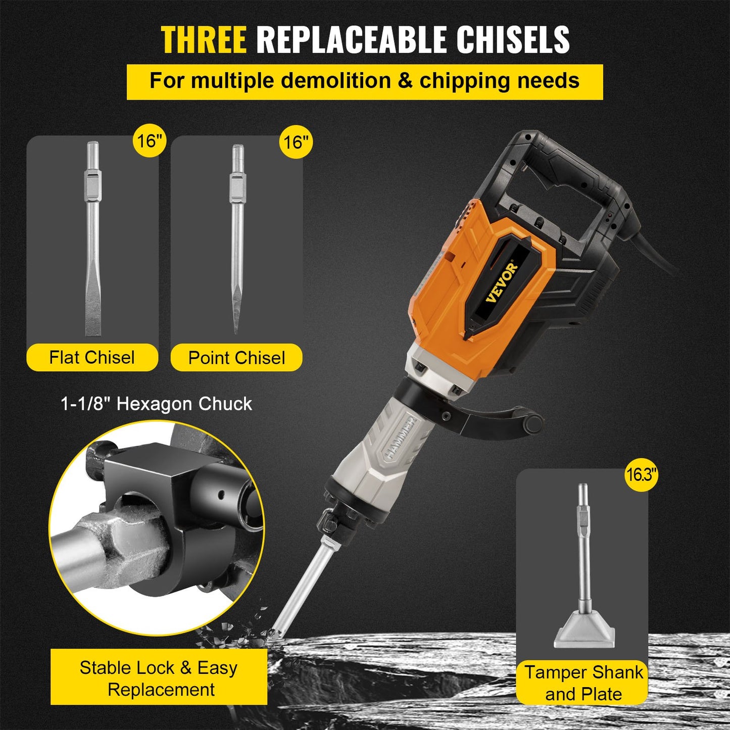 Demolition Jack Hammer, 4500W 1800BPM, 1-1/8" Hex Heavy Duty Concrete Breaker w/ Chisel, Case & Gloves, 220V Industrial Electric Jackhammer for Demolishing, Chipping & Demo, CE Approved, Yellow
