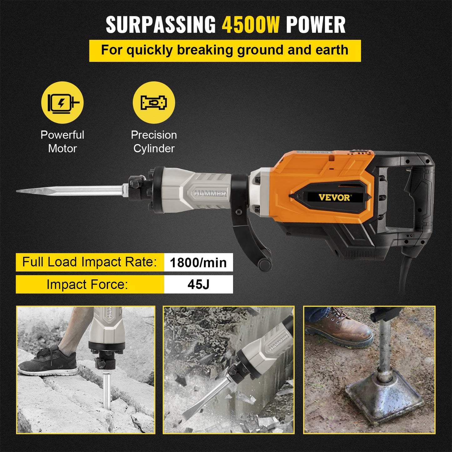 Demolition Jack Hammer, 4500W 1800BPM, 1-1/8" Hex Heavy Duty Concrete Breaker w/ Chisel, Case & Gloves, 220V Industrial Electric Jackhammer for Demolishing, Chipping & Demo, CE Approved, Yellow