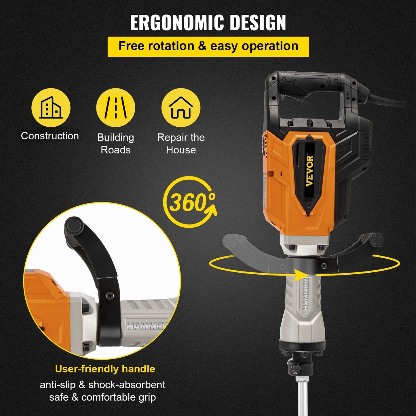 Demolition Jack Hammer, 4500W 1800BPM, 1-1/8" Hex Heavy Duty Concrete Breaker w/ Chisel, Case & Gloves, 220V Industrial Electric Jackhammer for Demolishing, Chipping & Demo, CE Approved, Yellow