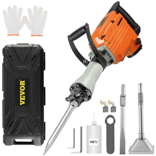 Demolition Jack Hammer, 2600W 1800BPM, 1-1/8" Hex Heavy Duty Concrete Breaker w/ 3 Chisels, Case and Gloves, 220V Industrial Electric Jackhammer for Demolishing, Chipping & Demo, CE Approved