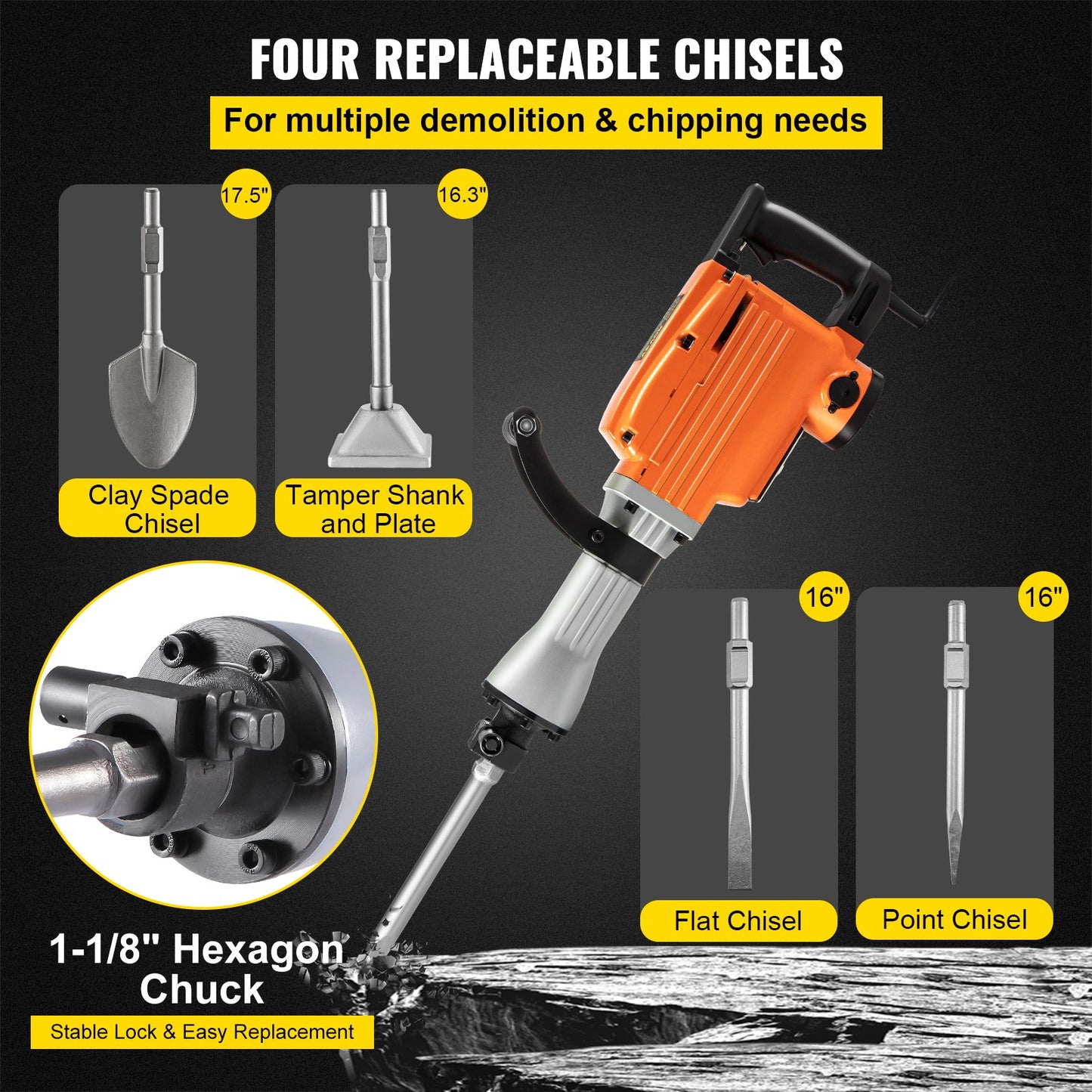 Demolition Jack Hammer, 2600W 1800BPM, 1-1/8" Hex Heavy Duty Concrete Breaker w/ 4 Chisels, Case and Gloves, 220V Industrial Electric Jackhammer for Demolishing, Chipping & Demo, CE Approved