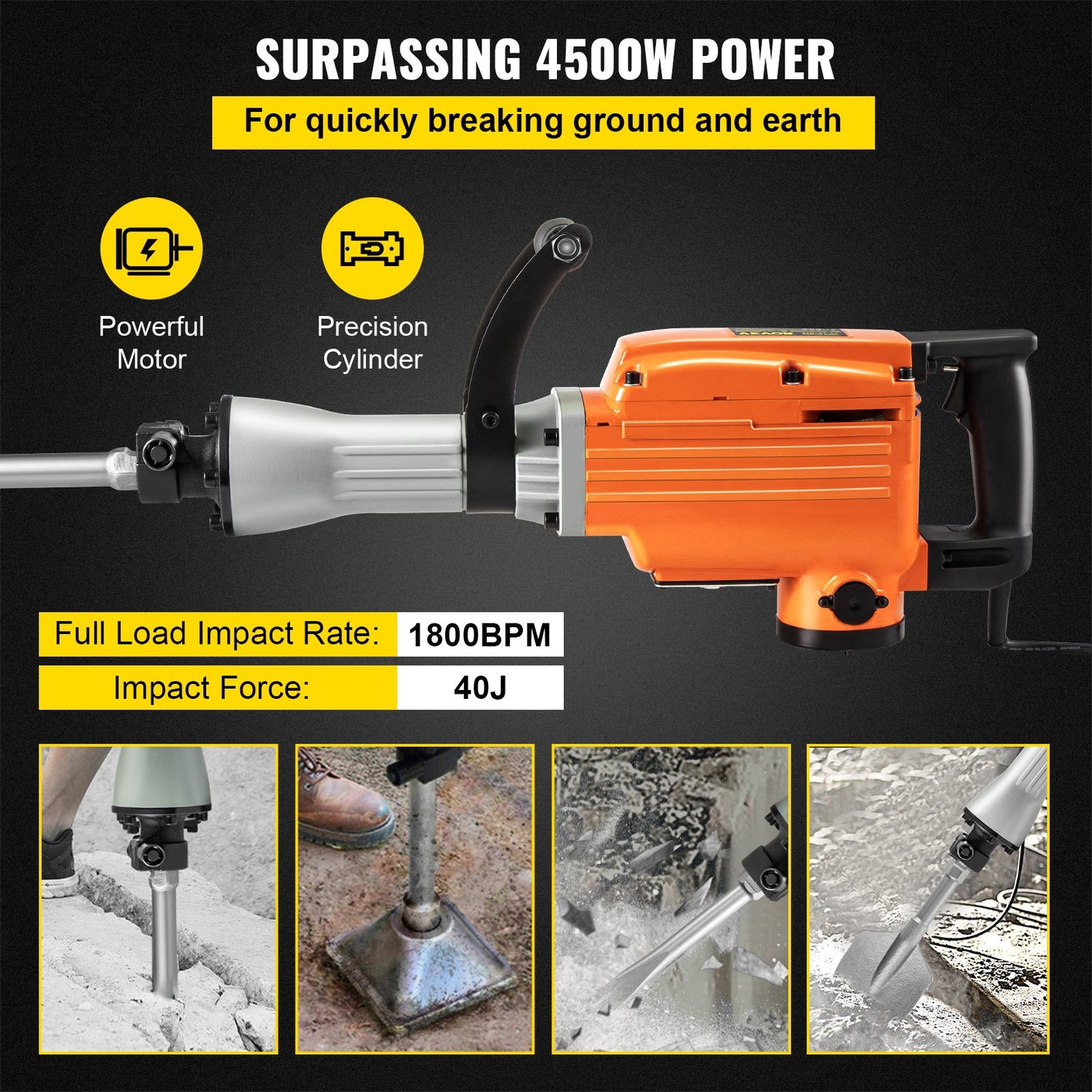 Demolition Jack Hammer, 2600W 1800BPM, 1-1/8" Hex Heavy Duty Concrete Breaker w/ 4 Chisels, Case and Gloves, 220V Industrial Electric Jackhammer for Demolishing, Chipping & Demo, CE Approved