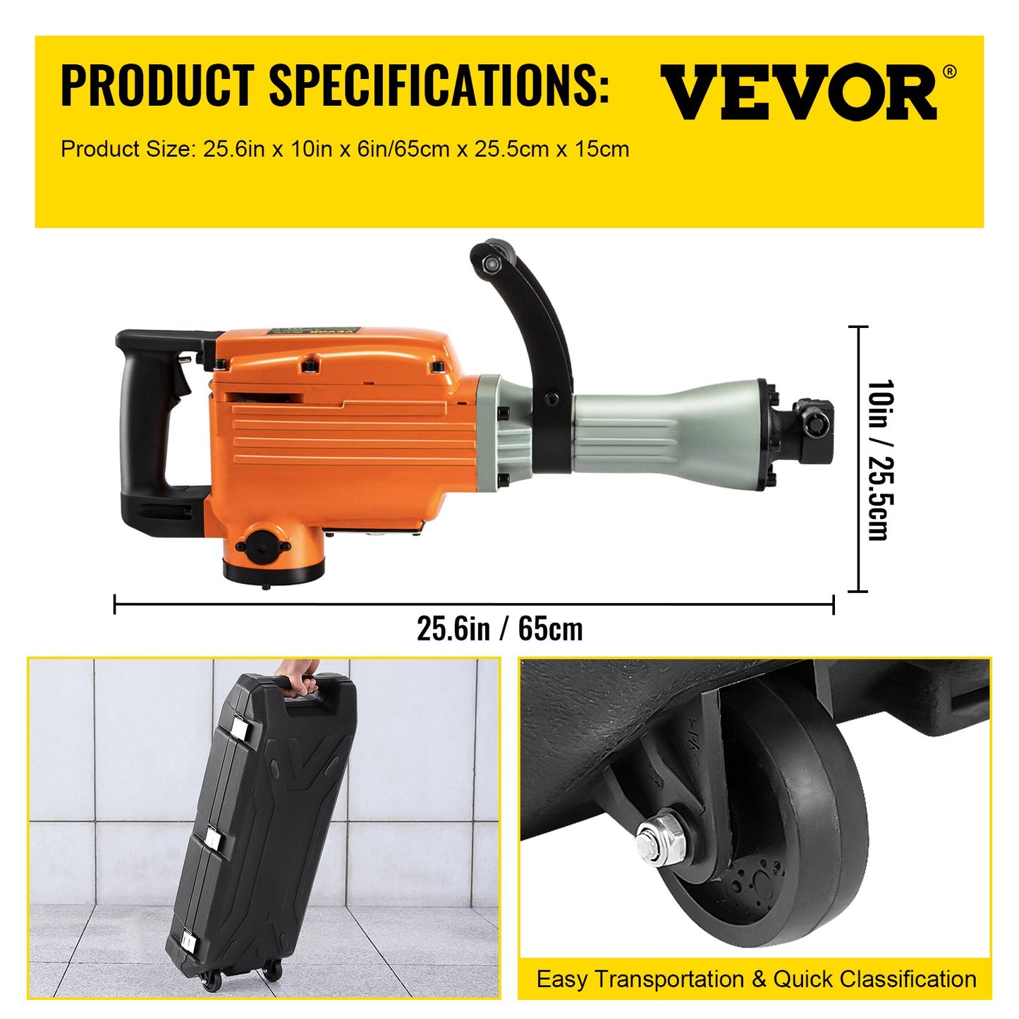 Demolition Jack Hammer, 2600W 1800BPM, 1-1/8" Hex Heavy Duty Concrete Breaker w/ 4 Chisels, Case and Gloves, 220V Industrial Electric Jackhammer for Demolishing, Chipping & Demo, CE Approved