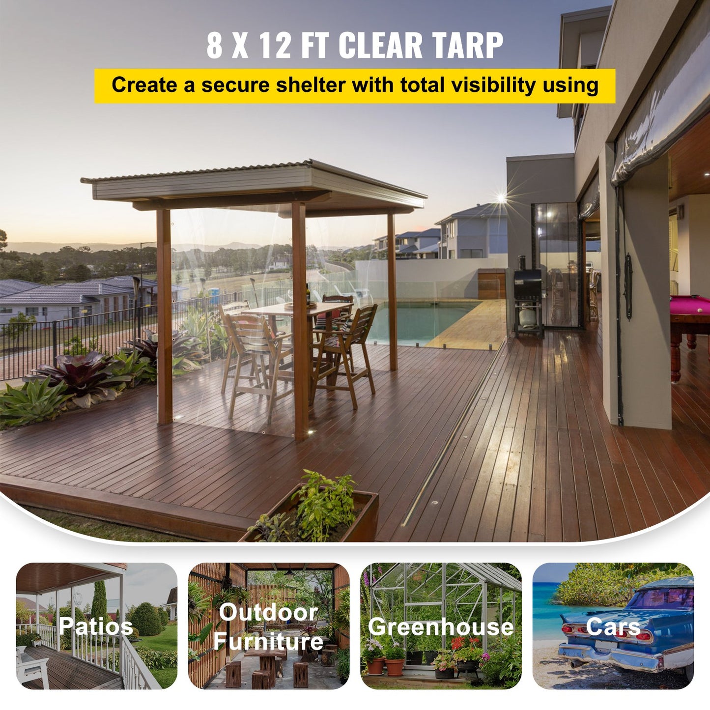 Clear Vinyl Tarp, 8 x 12 ft 20 Mil Thick, Heavy-Duty Waterproof Patio Enclosure, Tear and Weather Proof Transparent PVC Tarpaulin, with Brass Grommets and Reinforced Edges for Outdoor Cover