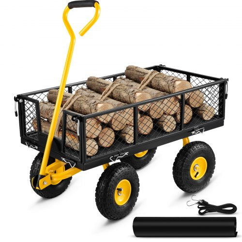 Steel Garden Cart, Heavy Duty 900 lbs Capacity, with Removable Mesh Sides to Convert into Flatbed, Utility Metal Wagon with 180° Rotating Handle and 10 in Tires, Perfect for Garden, Farm, Yard