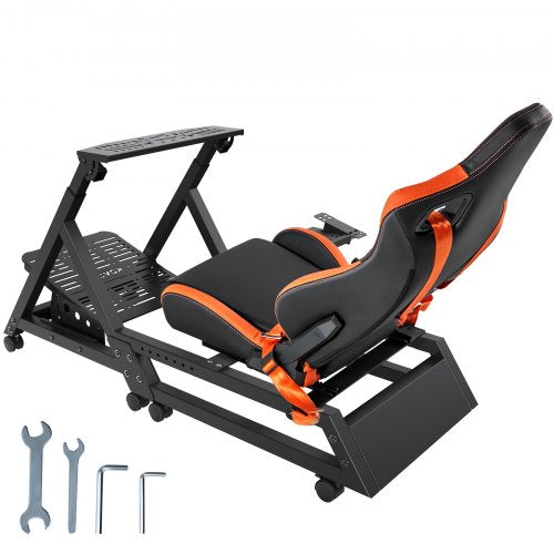 Pre-installed Steering Racing Wheel Stand, Universal Base Fit for Logitech/Thrustmaster/Fanatec, Multi-Position Adjustable Driving Simulator, Comfortable PVC Leather Integrated Cockpit w/ Wheels